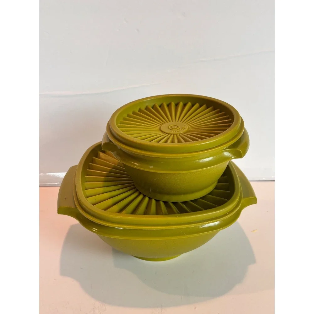 Tupperware Vintage Olive Green Modular Mates Square Bowl Set Lids Servalier Set